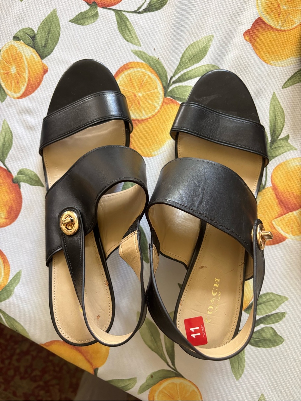 Coach Black Leather Gold-Tone Accent Slingback Sandals